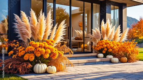 Wallpaper Mural  Luxury autumn terrace of modern countryside cottage decorated with pumpkins, pampas grass, and seasonal fall decor. Torontodigital.ca