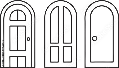 Three arched doors with varying panel arrangements, each offering a unique aesthetic for home entrances and architectural designs