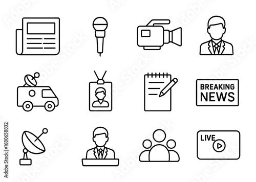 News Icons Grid. Outline icon set of news reporting: newspaper, microphone, TV camera, journalist, news van,