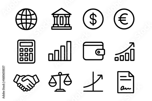 Global Finance Icons. Outline icon set of global finance: globe, bank building, dollar coin, euro coin, yen