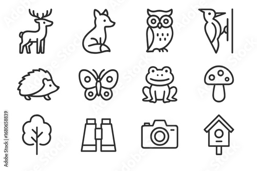 Forest Wildlife Icon Set. Outline icon set of forest wildlife watching: deer, fox, owl, woodpecker, hedgehog,