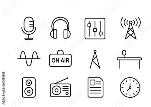Radio News Icons. Outline icon set of radio news: microphone, headphones, soundboard, radio tower, frequency