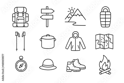 Trekking Gear Icons. Outline icon set of long-distance forest trekking: heavy backpack, trail sign, mountain