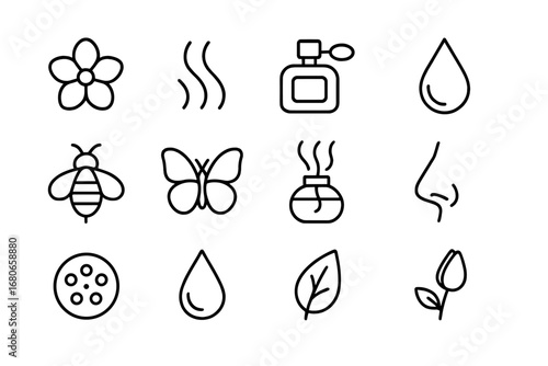 Floral Aroma Icons. Outline icon set of petal scent and fragrance: flower, scent wave, perfume bottle,
