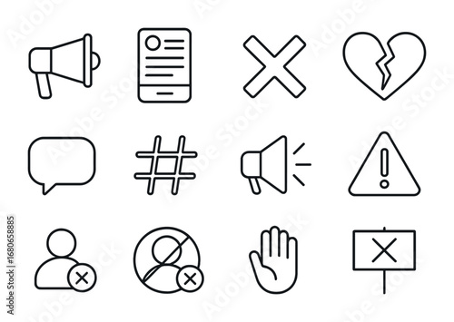 Cancel Culture Icons. Outline icon set of cancel culture: megaphone, social media feed, cross mark, broken