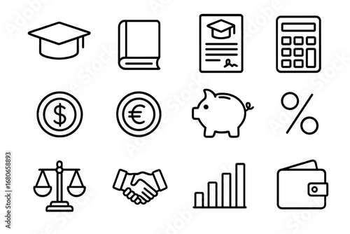 Student Loan Icons. Outline icon set of student loans: graduation cap, book, contract document, calculator,