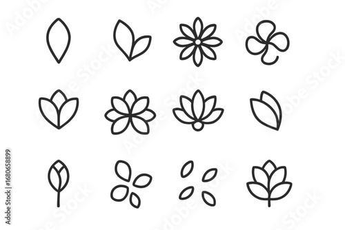 Petal Arrangement Icons. Outline icon set of petal arrangements: single petal, double petal, radial