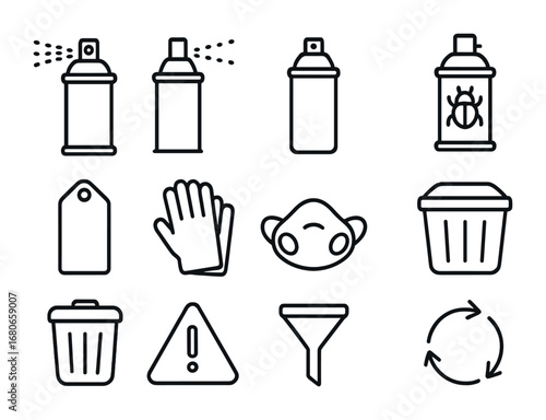 Spray Can Icons. Outline icon set of aerosol and spray cans: aerosol can, spray paint, deodorant spray,