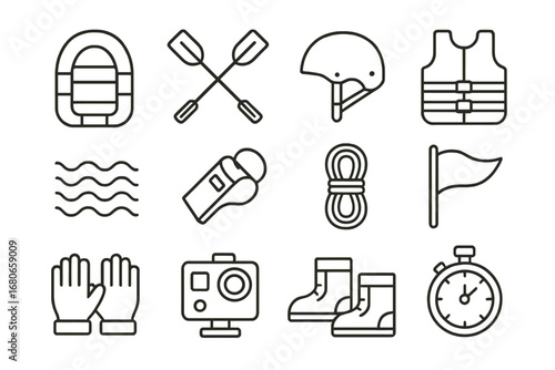 White-Water Rafting Icons. Outline icon set of white-water rafting: inflatable raft, paddles, helmet, life