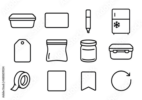 Leftover Label Icon Set. Outline icon set of labeling leftovers: food container, sticky label, marker pen,