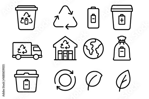 Battery Recycling Icons. Outline icon set of battery recycling: recycle bin, recycling arrows, sorting station
