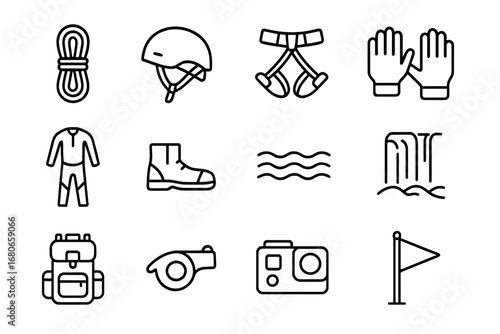 Canyoning Gear Icons. Outline icon set of canyoning: rope, helmet, harness, gloves, wetsuit, boots, water