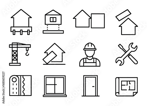 Home Building Icons. Outline icon set of home installation stages: foundation, modular unit, wall panel, roof