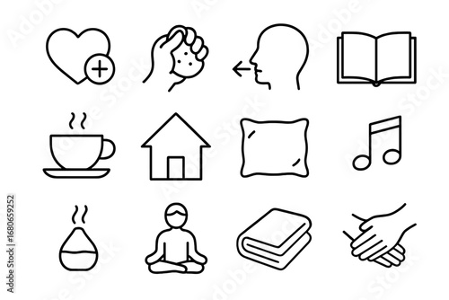 Emotional Aid Icons. Outline icon set of emotional first aid: heart with plus sign, stress ball, breathing