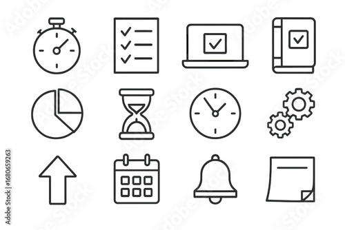 Productivity Tools Icons. Outline icon set of productivity timing: stopwatch, checklist, laptop, planner, pie