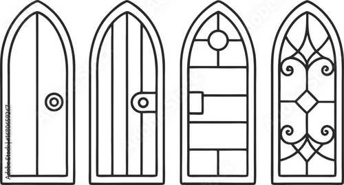 Four arched doors with intricate designs, showcasing a range of decorative styles for architectural elements and home entrances