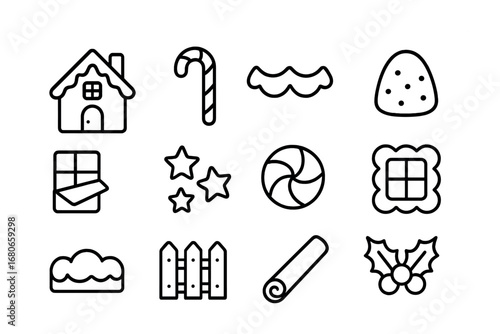 Gingerbread House Icons. Outline icon set of Christmas gingerbread house decorations: gingerbread house, candy