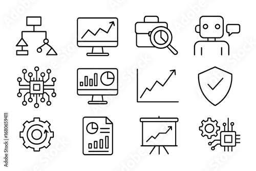 AI Financial Icon Set. Outline icon set of AI in financial forecasting: predictive model, stock chart,