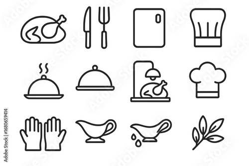 Carving Station Icons. Outline icon set of dinner carving: turkey, knife, fork, cutting board, tray, platter,