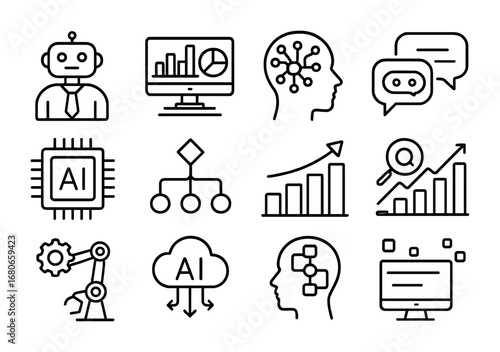AI Business Icon Set. Outline icon set of Artificial intelligence in business: robot assistant, data analytics