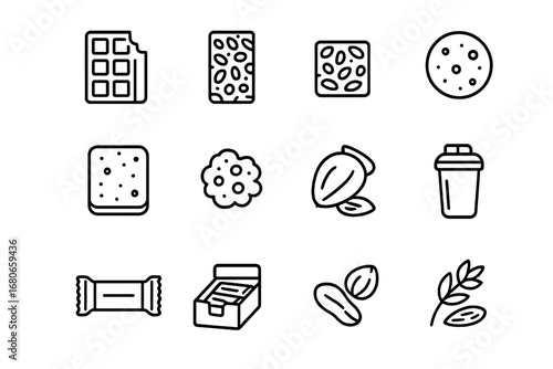 Protein Snack Icons. Outline icon set of protein bars and bites: chocolate bar, nut bar, seed bar, protein