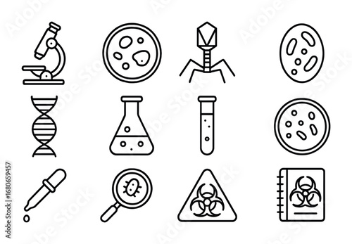 Ancient Microorganisms Icon Set. Outline icon set of Research on ancient bacteria and viruses: microscope,
