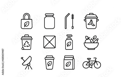 Zero-Waste Icons Grid. Outline icon set of Zero-Waste Lifestyle: reusable bag, glass jar, metal straw, compost