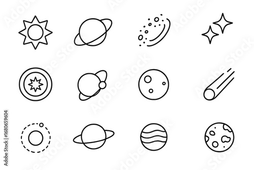Planetary System Icons. Outline icon set of planetary systems: star, orbiting planet, asteroid belt, binary