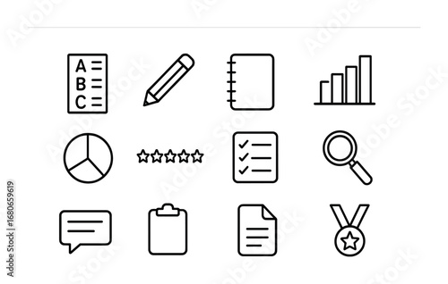 Student Performance Icons. Outline icon set of Student Performance Review: report card, pencil, notebook, bar
