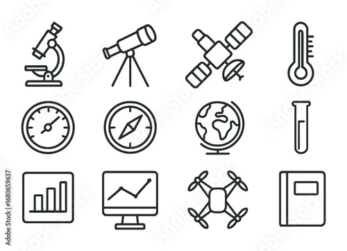 Climate Research Tools Icons. Outline icon set of Climate Research Tools: microscope, telescope, satellite,