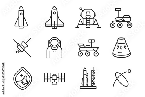Space Exploration Icons. Outline icon set of space exploration missions: rocket, space shuttle, lunar lander,