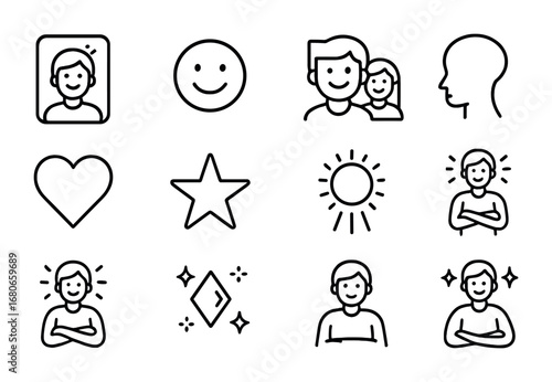 Confidence Icon Set. Outline icon set of A person smiling confidently in front of a mirror: mirror, smiling
