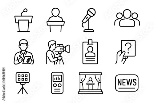 Press Conference Icons. Outline icon set of press conference: podium, speaker, microphone stand, audience,