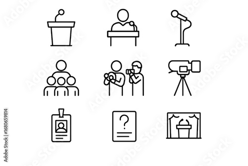 Press Conference Icons. Outline icon set of press conference: podium, speaker, microphone stand, audience,
