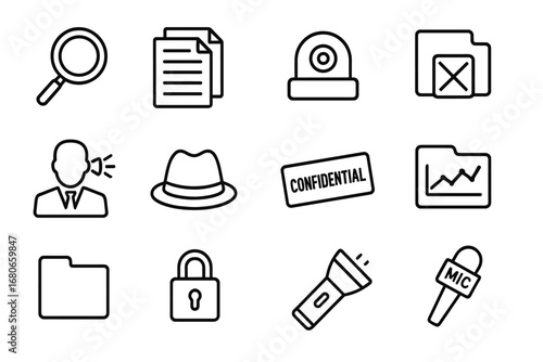 Investigative Icons Grid. Outline icon set of investigative journalism: magnifying glass, documents, hidden