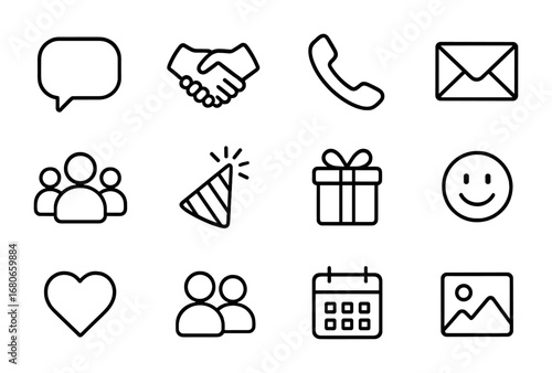 Social Interaction Icons. Outline icon set of Social interactions recording: speech bubble, handshake, phone