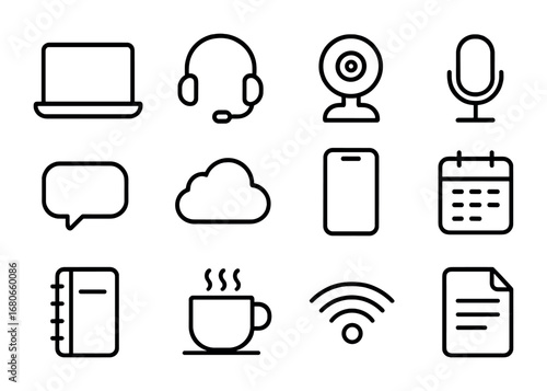 Remote Work Icons. Outline icon set of Remote and hybrid work integration: laptop, headset, webcam, microphone