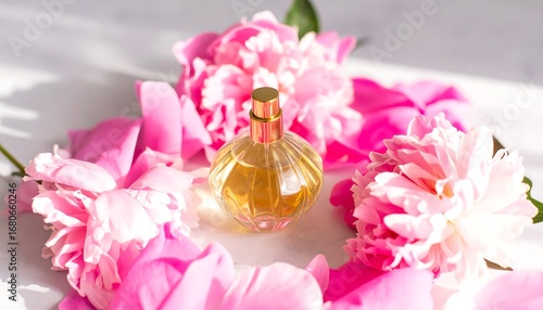 Perfume bottle surrounded by pink peonies