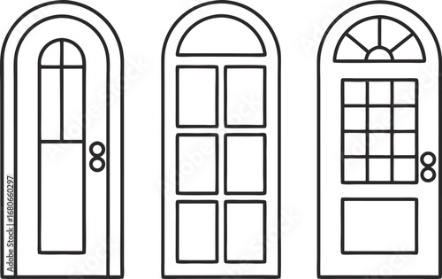 Collection of three different door designs, each featuring unique shapes and panel arrangements