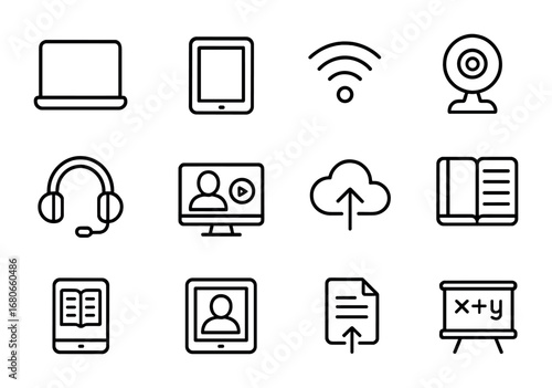 Remote Learning Icons. Outline icon set of Remote learning setup: laptop, tablet, Wi-Fi, webcam, headphones,