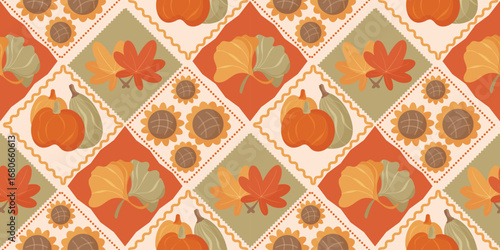 Autumn season seamless pattern background vector. Fall harvest wallpaper with pumpkin, sunflower, ginkgo leaf, maple leaf, frame. Design for printed, cover, fabric, packaging, wall art, home decor. 
