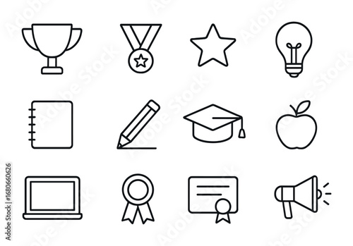 Motivational Icons Grid. Outline icon set of Motivating students: trophy, medal, star, lightbulb, notebook,