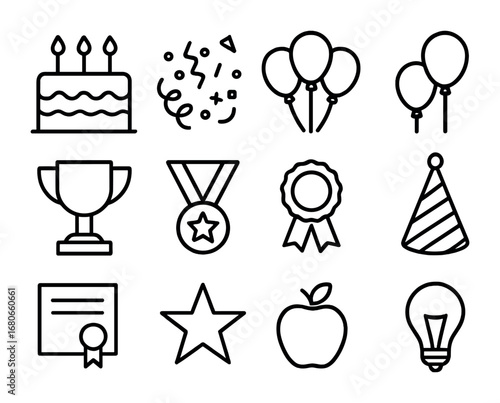 Milestone Celebration Icons. Outline icon set of Celebrating milestones: cake, confetti, balloons, trophy,