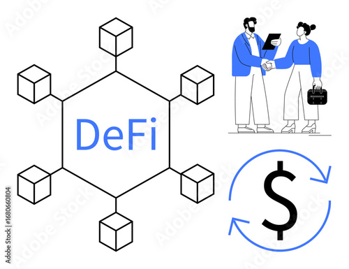 Blockchain network hub labeled DeFi, professionals shaking hands signaling a deal, circular dollar flow icon. Ideal for fintech, collaboration, finance, blockchain, partnership, decentralized
