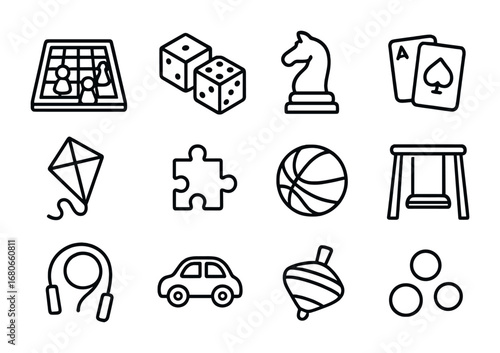 Family Game Icons. Outline icon set of Family games and recreational customs: board game, dice, chess piece,