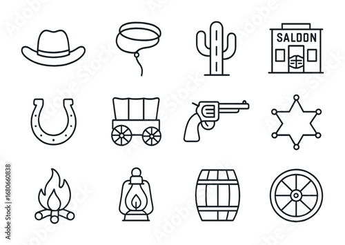 Western Icon Set. Outline icon set of Western-themed wagons: cowboy hat, lasso, cactus, saloon, horseshoe,