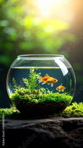 Serene aquatic ecosystem featuring goldfish in a planted fishbowl, ambient light