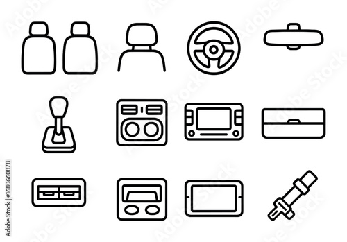 Car Interior Icons. Outline icon set of Car interior from back seat: front seats, headrests, dashboard,