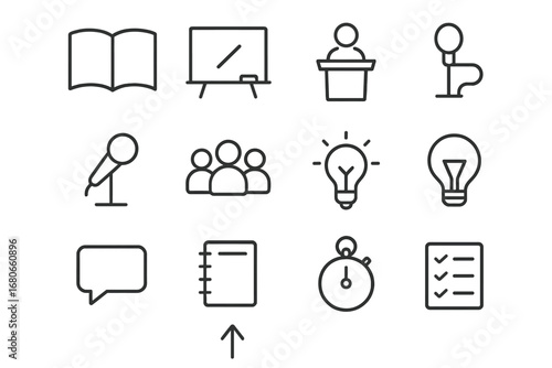 Educational Icons Grid. Outline icon set of educational talks: book, chalkboard, podium, microphone, audience,