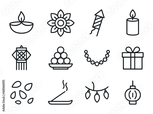 Diwali Icons Grid. Outline icon set of Diwali festival decorations and celebrations: oil lamp, diya, rangoli,